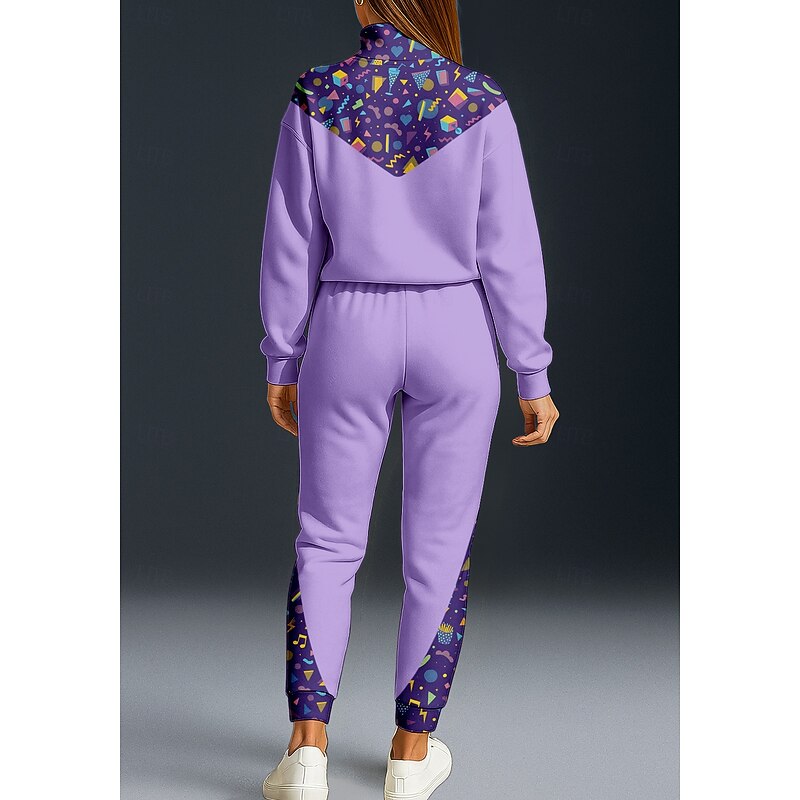 Women's Sweatshirt Tracksuit 2 Piece Tracksuit Baggy Geometric Clothing Suit Fall Purple Vocation Outdoor Travel Lightweight Fashion Long Sleeve Sport Activewear Stretchy Regular Fit2