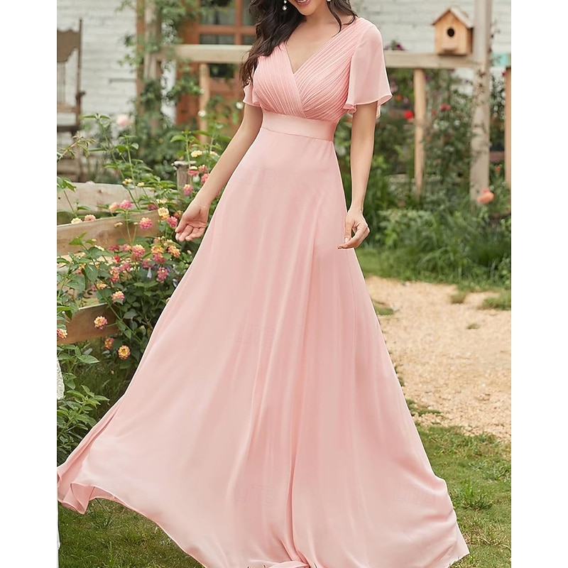 Women's Long Dress Maxi Dress Party Dress Chiffon Chiffon Dress Elegant Fashion Modern Outdoor Party Evening Party Regular Fit Plain Short Sleeve V Neck Pink Red Spring Autumn2