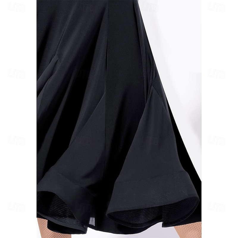Women's Black Ballroom Dance Dress with Sheer , Flared Skirt, and Heart-Shaped Bodice - Ideal for Latin, Salsa, and Social Dance Performances3