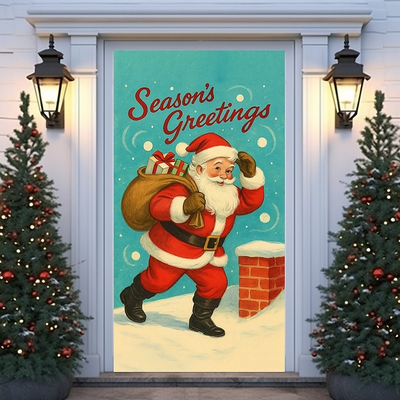 Christmas Door Cover, Vintage Santa Claus with Gift Bag Holiday Door Curtain, Classic 2025 Xmas Door Hanging for Party Porch Home Decoration4
