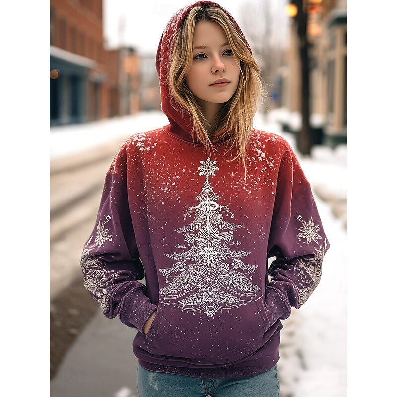 Women's Pullover Hoodie Sweatshirt Graphic Christmas Tree Tribal Casual Long Sleeve Hooded Regular Tops Party Evening Wear Street Dailywear Red Fuchsia Green Spring Fall Winter3