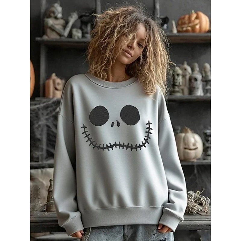 Women's Pullover Sweatshirt Graphic Skull Halloween Fashion Casual Long Sleeve Crew Neck Regular Tops Street Dailywear Casual Print White Orange Gray Fall Winter2
