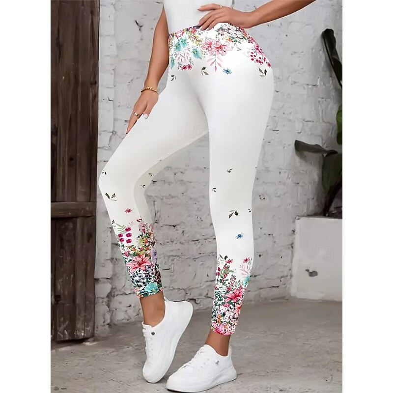 Women's Leggings Vacation Vintage Fashion Ankle-Length High Waist Floral Graphic Leaf Printing Thermal Warm Soft Breathable Stretchy Vacation Street White Green Spring Fall Winter Slim Fit4