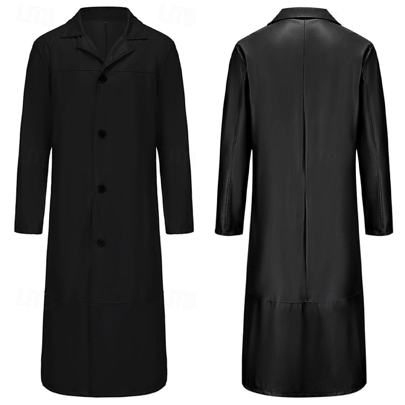 Men's Faux Leather Jacket Long Trench Coat Fall Winter Faux Leather Windproof Outerwear Clothing Apparel Vintage Pocket Lapel Single Breasted3