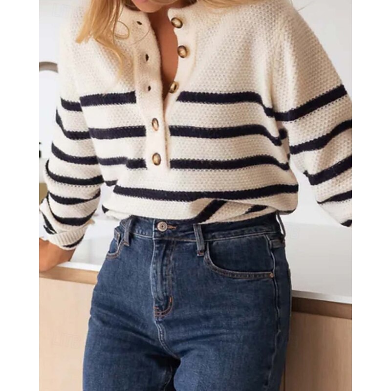 Women's Sweater Pullover Streetwear Casual Striped Crew Neck Buttons Knitted Long Sleeve Regular Tops Knit Daily Holiday Going out Apricot Fall Winter4