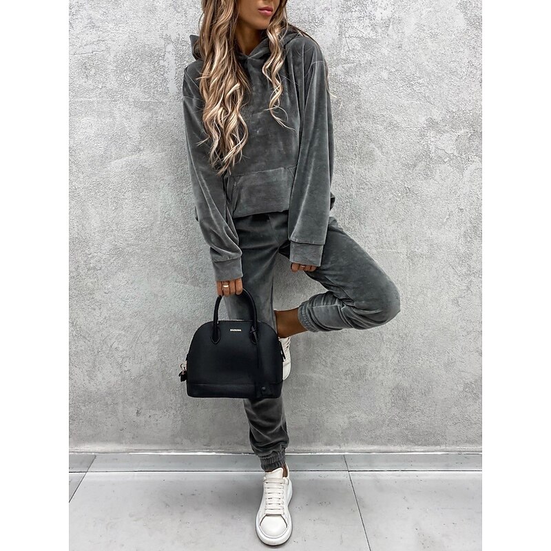 Women's Fashion Streetwear Hoodie Pants Sets Bolero Top Long Sleeve Hooded Solid Color Outdoor Casual Daily Black Wine Blue Fall Regular Fit