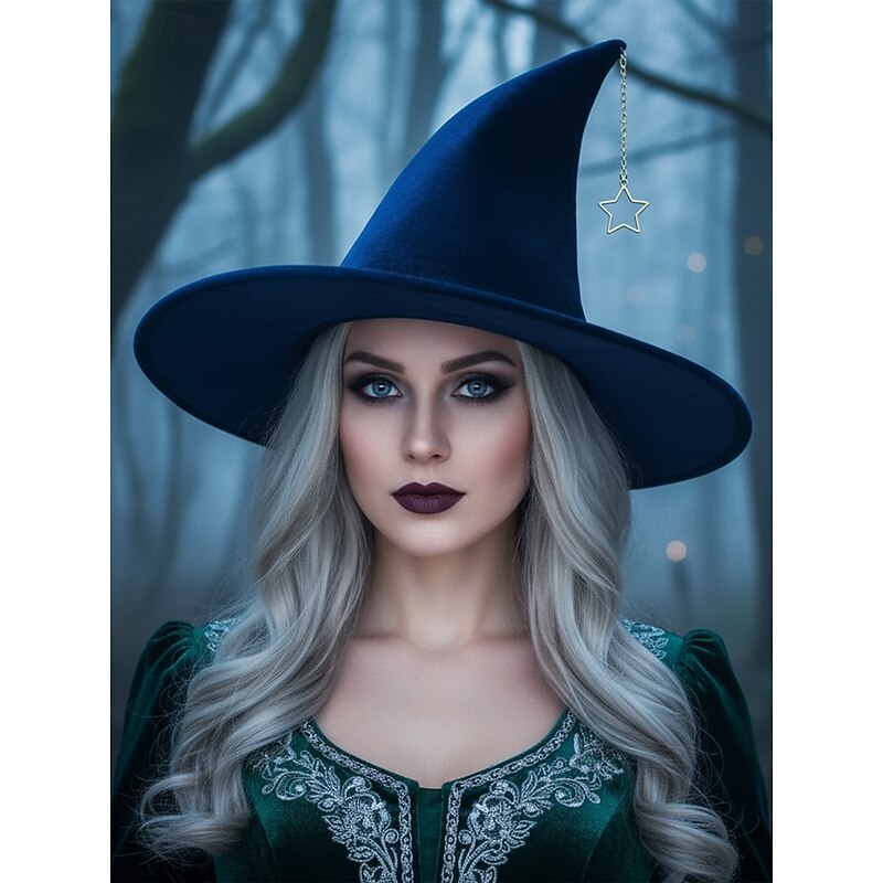 Women's Halloween Witch Hat – Velvet Pointed Wizard Hat with Star Charm for Costume Party, Cosplay and Festival3