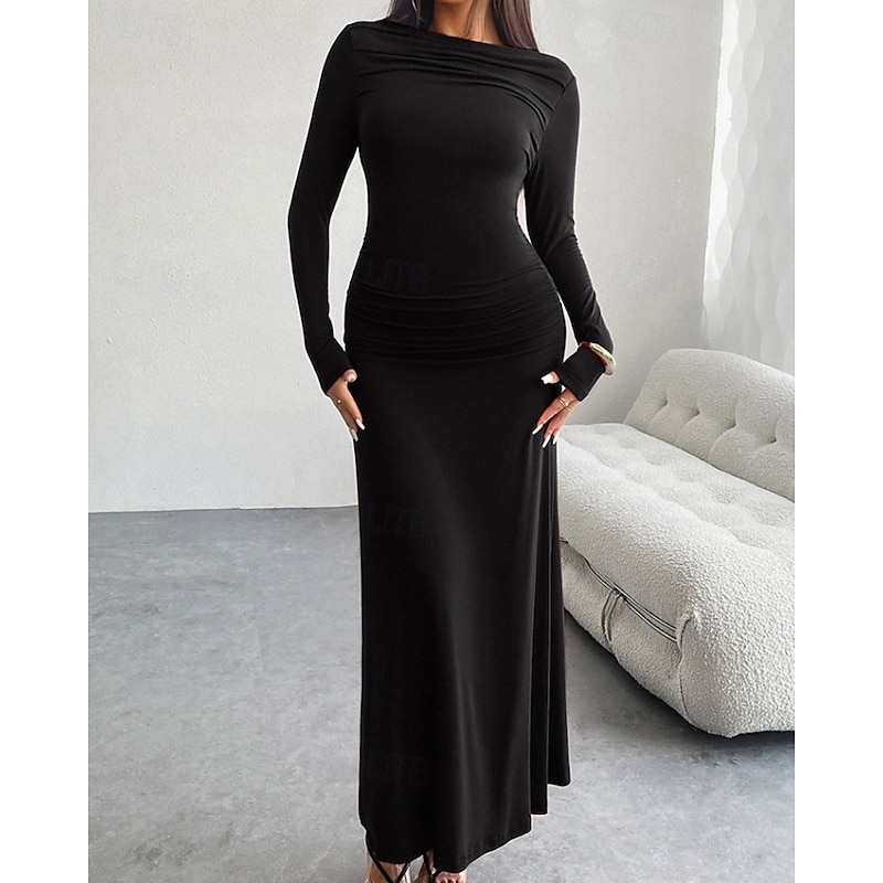 Women's Long Dress Maxi Dress Black Dress Party Dress Cocktail Dress Satin Dress Elegant Fashion Modern Party Special Occasion Evening Party Regular Fit Plain Long Sleeve Crew Neck Black Wine Brown