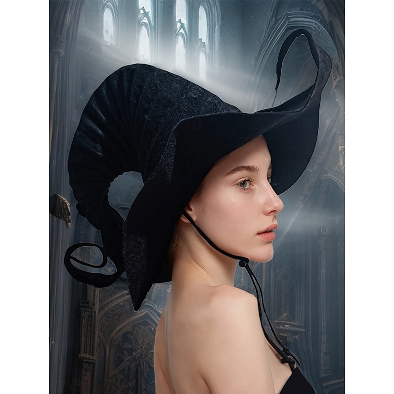 Women's Halloween Witch Hat – Black Gothic Pointed Cosplay Wizard Hat with Curled Brim for Costume Party2