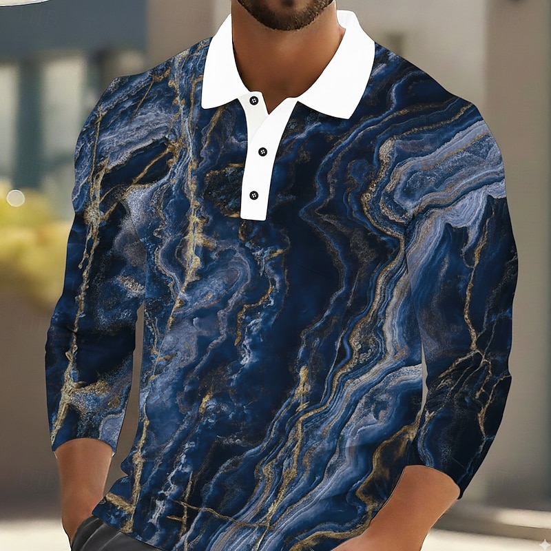 Men's Abstract Marble Polo Long Sleeve Polo Shirts Lapel Casual Outdoor Street Athleisure Daily Wear 3D Print Buttons Spring Fall Winter Blue Sky Blue Green3