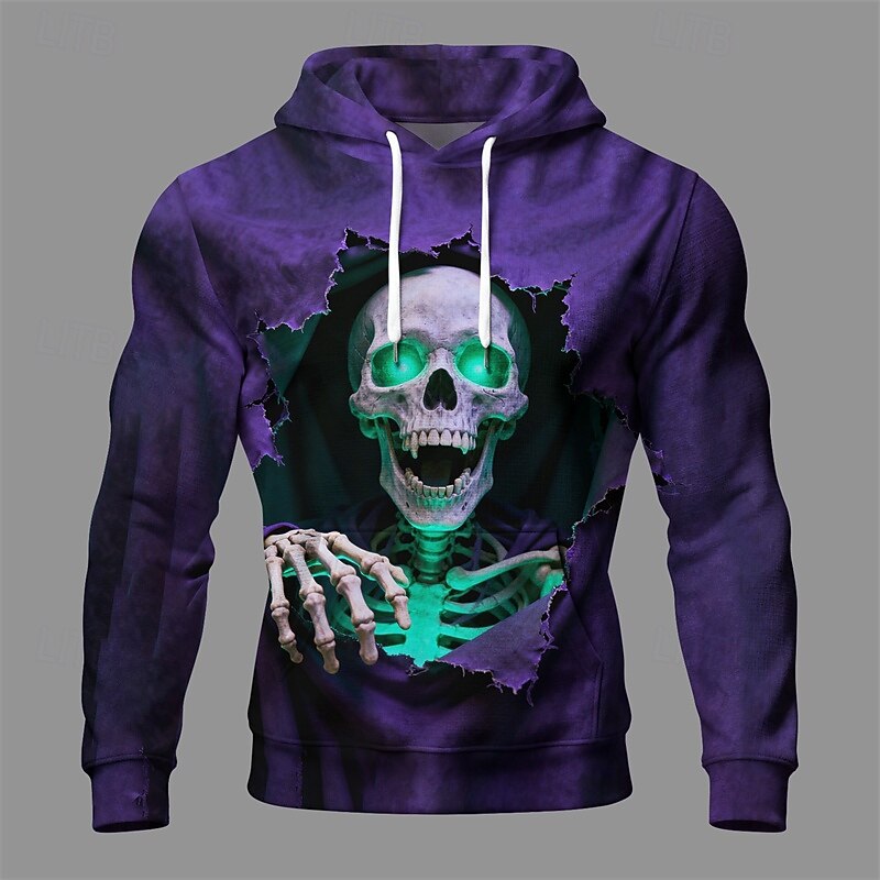 Halloween Men's Skull Hoodie Fashion Daily Hooded Vacation Party Streetwear Purple Drawstring Pocket Printing Fall Winter Designer