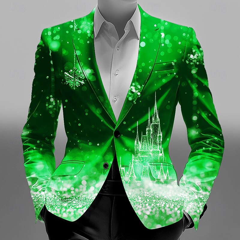 Men's Blazer Coat Christmas Street Casual Casual Daily Fall / Winter 100% Polyester Snowflake 3D Print Buttons Thermal Warm Comfortable Single Breasted Blazer Red Blue Purple Green3