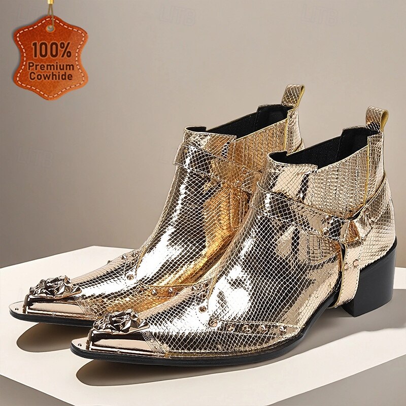 Men's Premium Cowhide Gold Croc Embossed Leather Chelsea Boots, Fashion Motorcycle Dress Boots for Biker Style, Concerts, Nightlife and Special Events