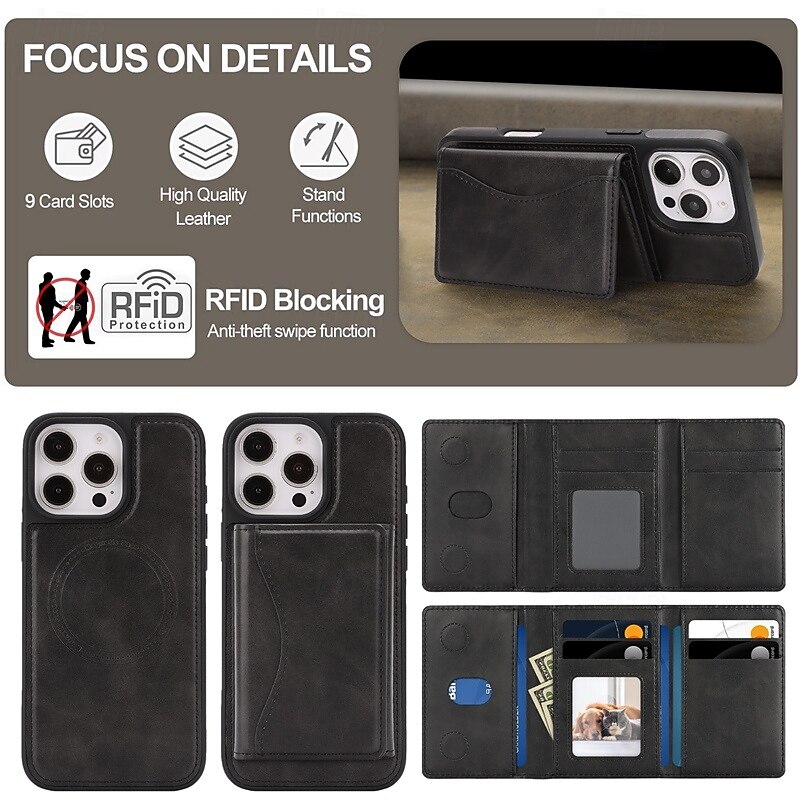 Phone Case For iPhone 17 16 15 14 Pro Max Plus 16e 13 Pro Max Back Cover Magnetic Kickstand Card Slot Retro TPU PU Leather4