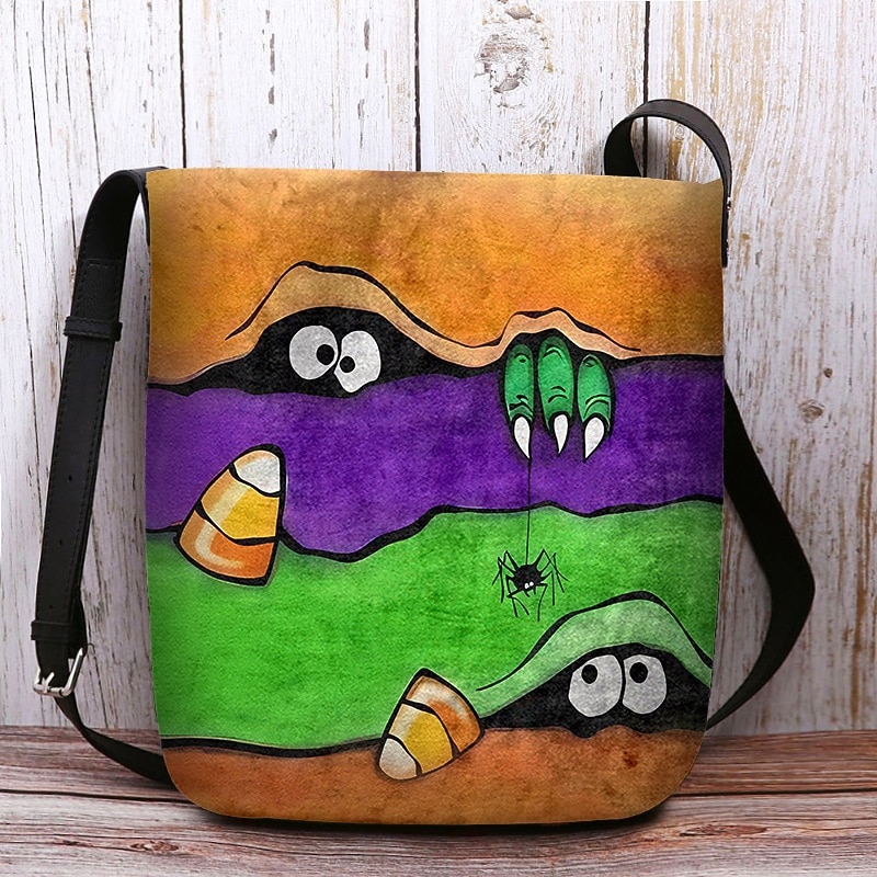 Women's Halloween Crossbody Bag with Candy Corn and Monster Print, Fun Shoulder Handbag for Parties, Festivals, and Daily Use