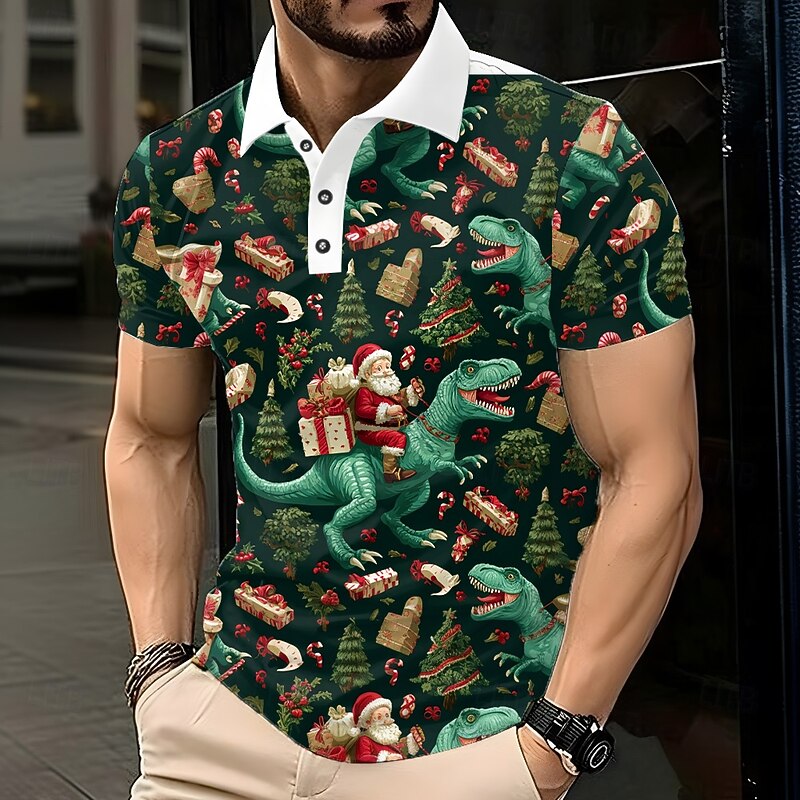 Christmas Men's Santa Claus Dinosaur Polo Short Sleeve Polo Shirts Lapel Casual Outdoor Street Festival Outfit 3D Print Buttons Spring Fall Winter Purple Green