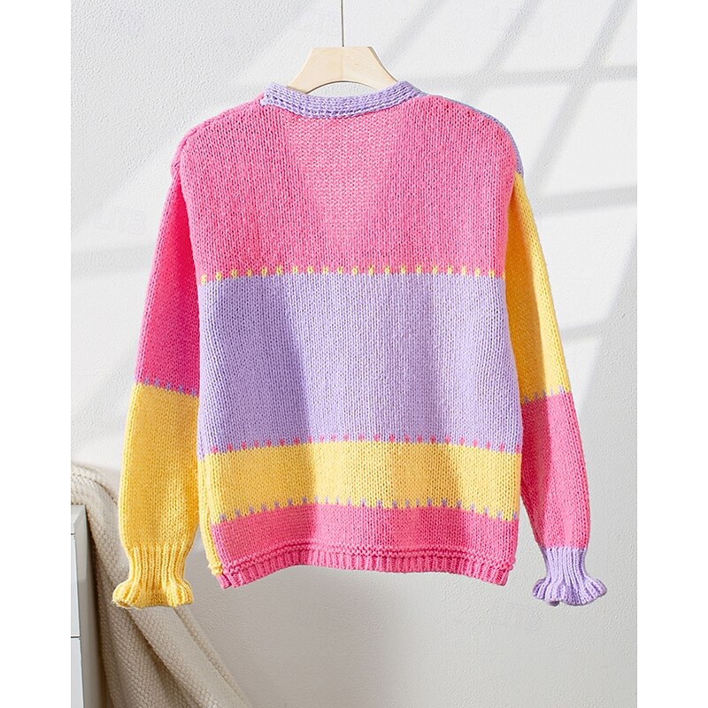 Women's Sweater Cardigan Streetwear Casual Color Block V Neck Ruffle Patchwork Buttons Long Sleeve Regular Tops Knit Daily Holiday Going out Yellow Fall Winter4