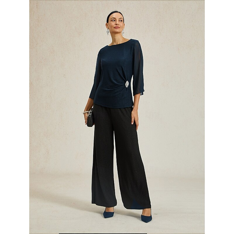 Women's Dressy Tops Solid Color Elegant Vintage Daily 3/4 Length Sleeve Crew Neck Regular Tops Wedding Guest Evening Party Date Night Outfits Glitter Navy Blue Spring, Fall, Winter, Summer2
