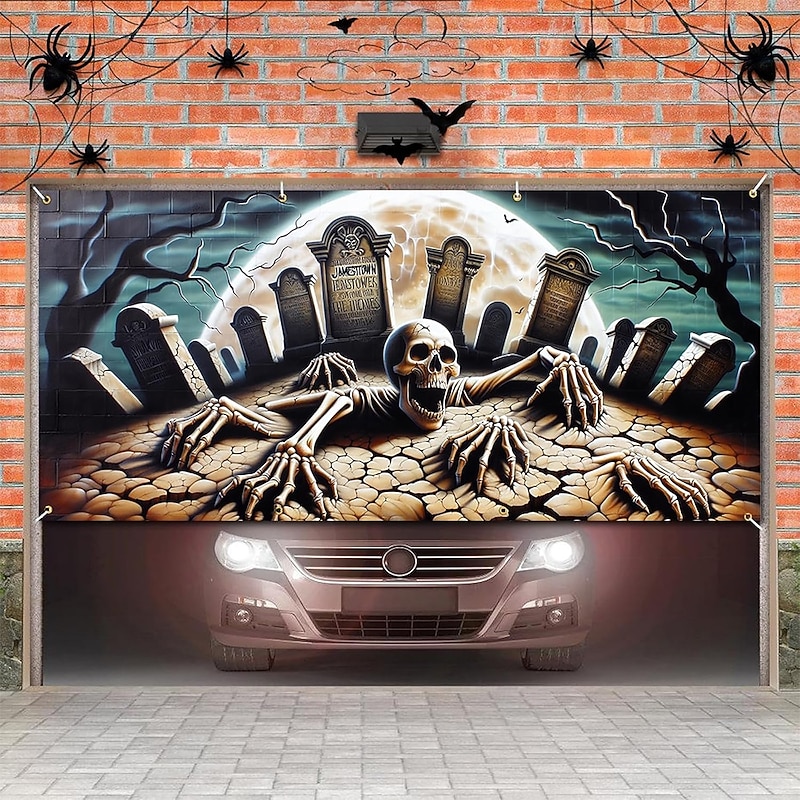 Halloween Garage Door Cover Large Hanging Backdrop Skeleton Pumpkin Cemetery Dark Punk Gothic Style Party Outdoor Shooting Backgrounds Yard Haunted House Home Decor4