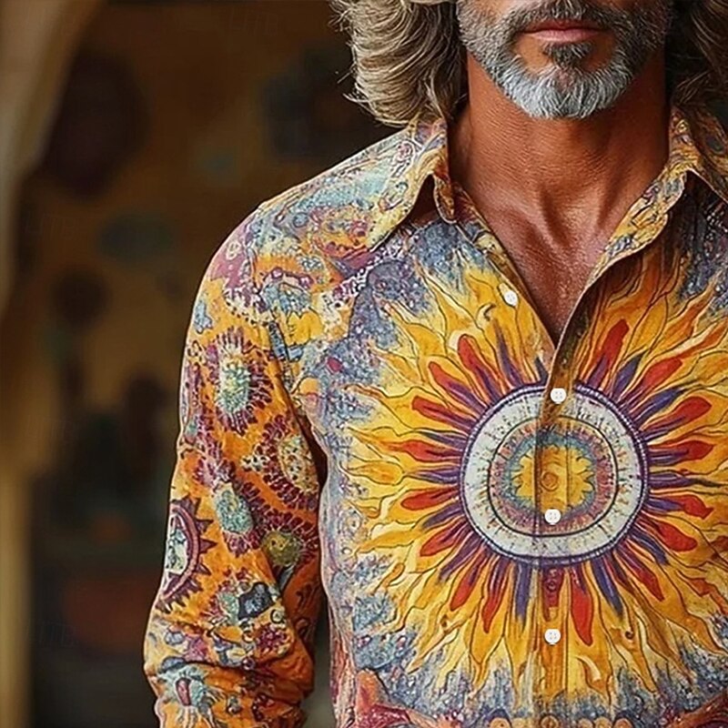 Men's Sunflower Floral Print Ethnic Shirt Button Up Shirt Long Sleeve Vintage Retro Outdoor Casual Holiday Spring Fall Turndown 3D Print Collared Shirts Orange2