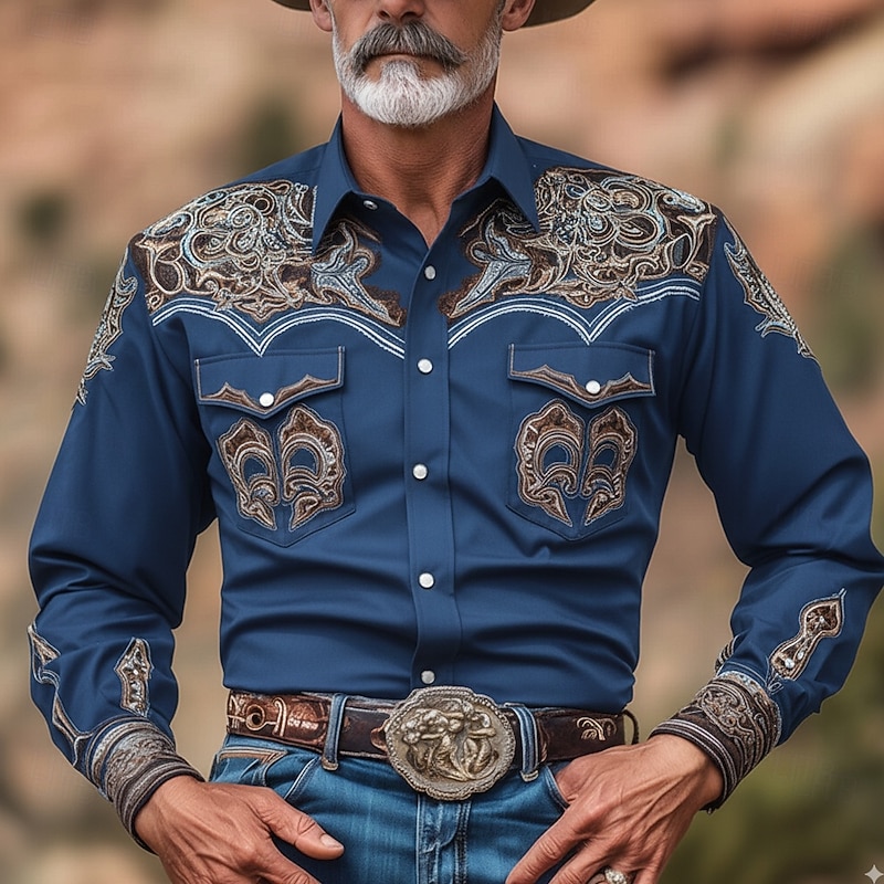 Men's Ethnic Intricate Floral Flowers Shirt Western Shirt Cowboy Shirt Long Sleeve Vintage Retro Outdoor Casual WorkWear Spring Fall Turndown Front Two Pockets Linen Like Shirt Button Up Shirts Black