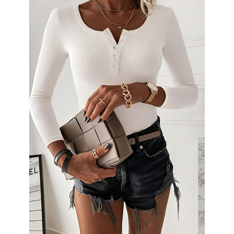 Women's Blouse Solid Color Stylish Casual Long Sleeve Square Neck Regular Tops Daily Buttons Black White Brown Green Spring Fall4