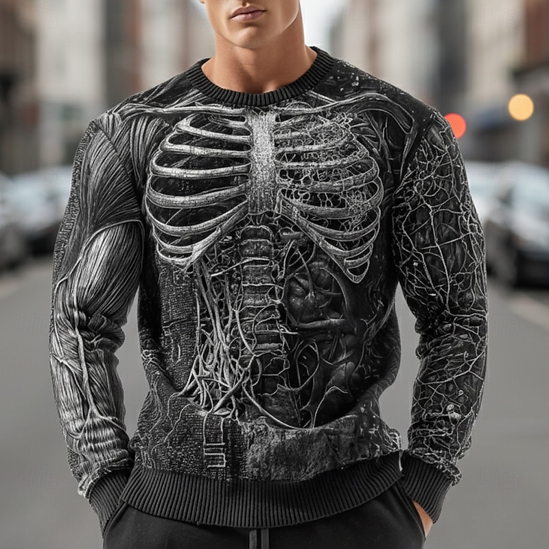 Halloween Men's Skeleton Pullover Sweater Jumper Knitwear Crewneck Casual Dark Vacation Street Daily 3D Print Graphic Keep Warm Long Sleeve Fall Winter Black Red
