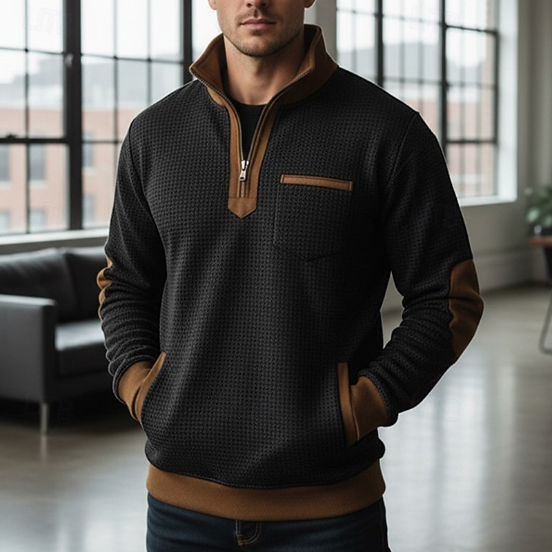 Men's Sweatshirt Waffle Sweatshirt Pullover Hoodie Sweatshirt Pullover Quarter Zip Sweatshirt Black Navy Blue Standing Collar Plain Patchwork Color Block Sports & Outdoor Casual Daily Streetwear Cool2