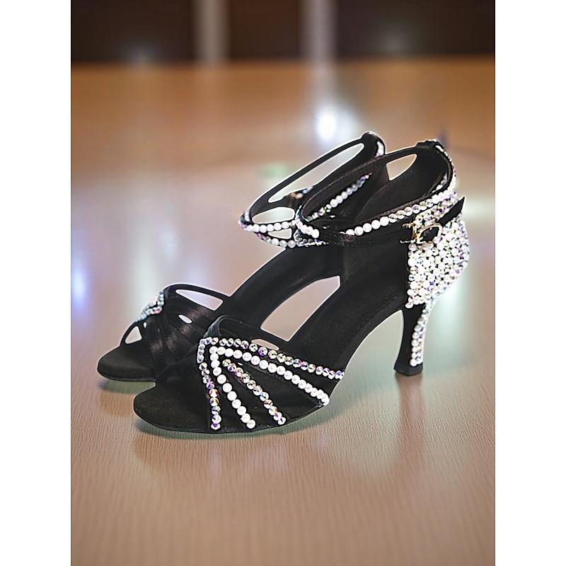 Women's Black Rhinestone Latin Dance Sandals - Strappy Glitter Professional Ballroom Shoes with Ankle Strap and Mid Heels for Salsa, Tango and Performance2