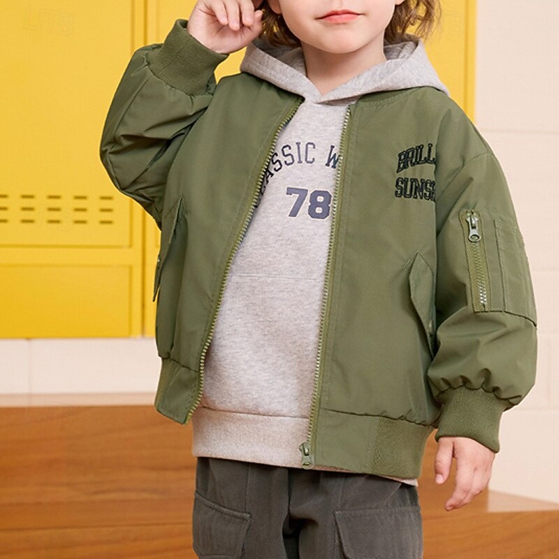Kids Unisex Baseball Jackets Outerwear Letter Long Sleeve Zipper Pocket Comfort Soft Coat Outdoor Fashion Daily Black Green Spring Fall 4 years+4