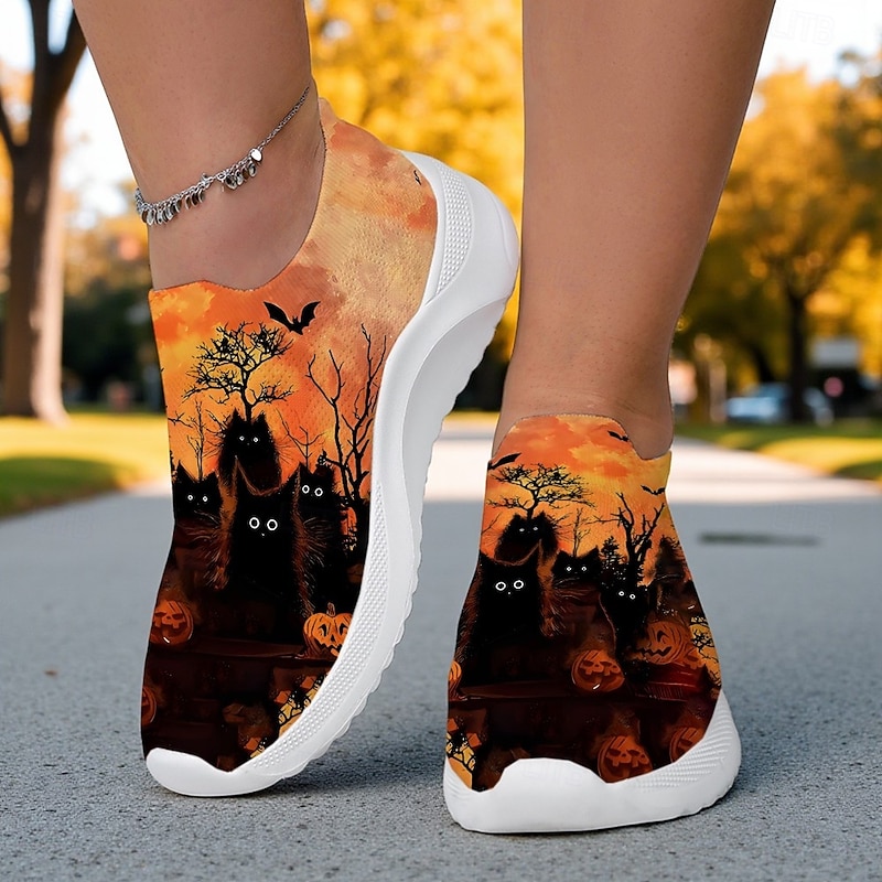Women's Orange Lightweight Walking Sneakers with Ghost and Pumpkin Print – Casual Shoes for Halloween Theme and Daily Wear