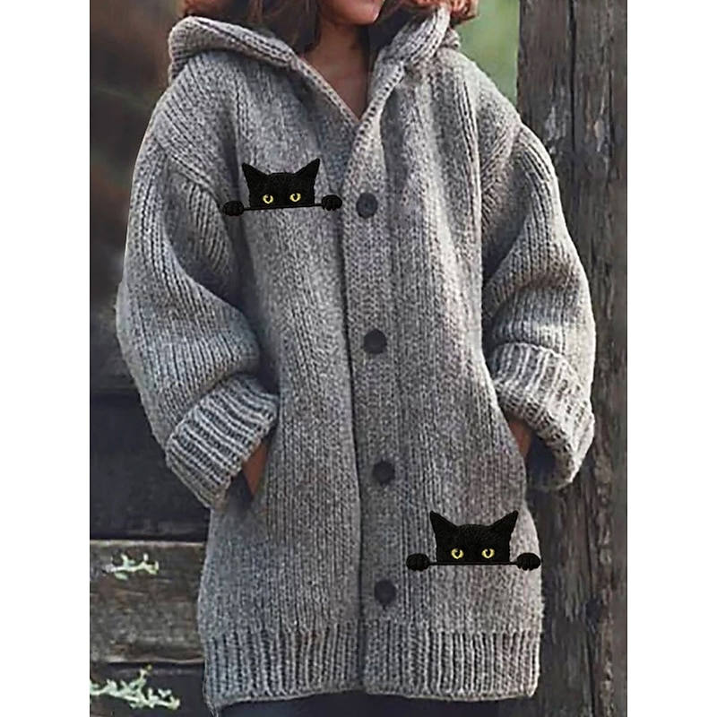 Women's Cardigan Daily Casual Graphic Animal Ribbed Hooded Pocket Buttons Print Long Sleeve Long Tops Knit Outdoor Weekend Gray Fall Winter