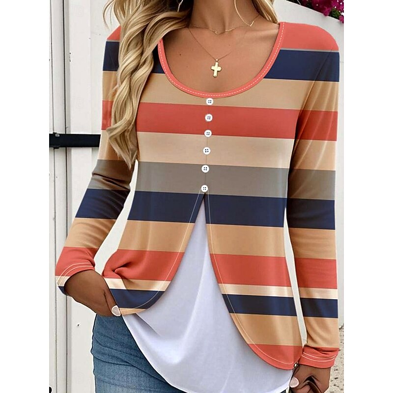 Women's T Shirt Graphic Plaid Striped Elegant Vintage Stylish Long Sleeve Crew Neck Round Neck Regular Tops Daily Buttons Print Tiered Orange Spring Fall Winter3