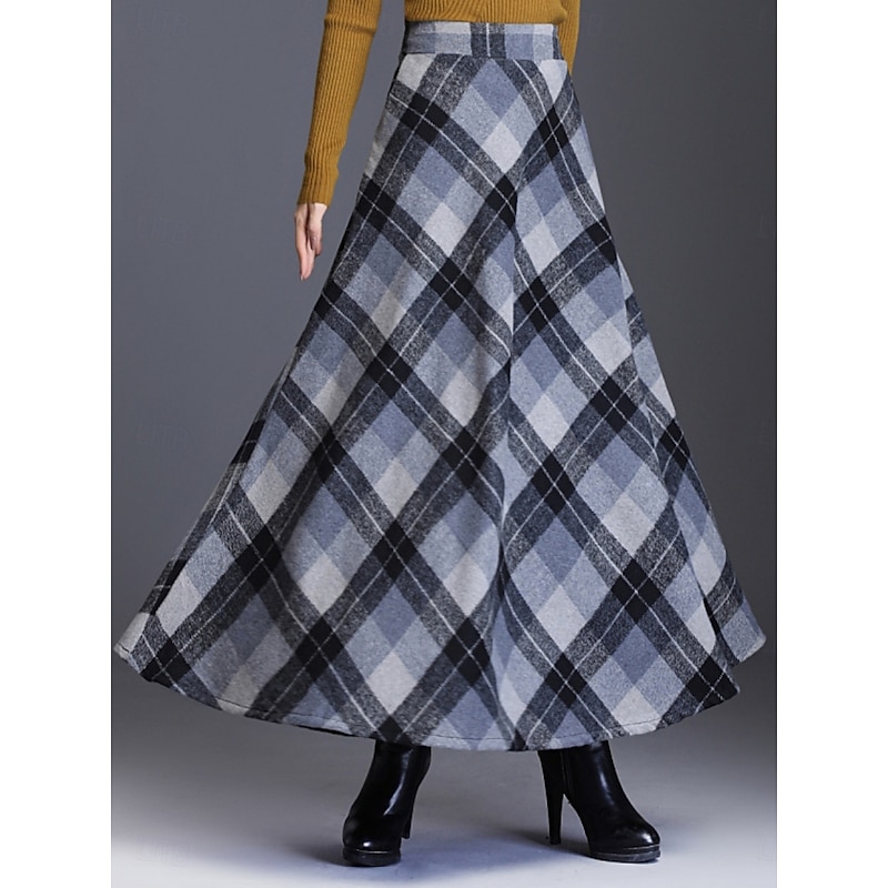 Women's Skirt A Line Elegant Fashion Maxi High Waist Skirts Plaid Pocket Print Micro-elastic Christmas Street Red Blue Green Khaki Spring Polyester4