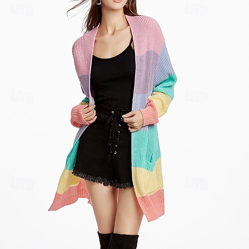 Women's Sweater Cardigan Streetwear Casual Rainbow V Neck Open Front Pocket Knitted Long Sleeve Long Tops Knit Daily Holiday Going out Pink Fall Winter2