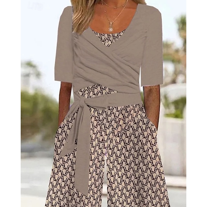 Women's Normal Jumpsuit Streetwear Geometric Half Sleeve Wide Leg U Neck Pocket Street Daily Regular Fit Khaki Spring2