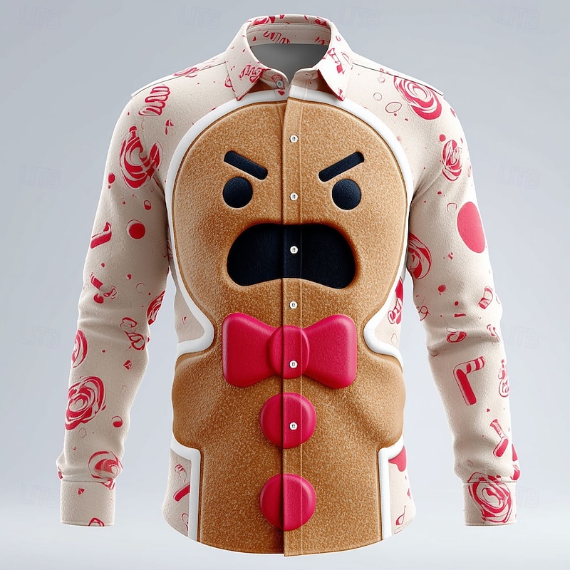 Christmas Men's 3D Cartoon Smile Face Gingerbread Man Shirt Button Up Shirt Long Sleeve Funny Outdoor Holiday Spring Fall Turndown 3D Print Collared Shirts White Khaki Apricot