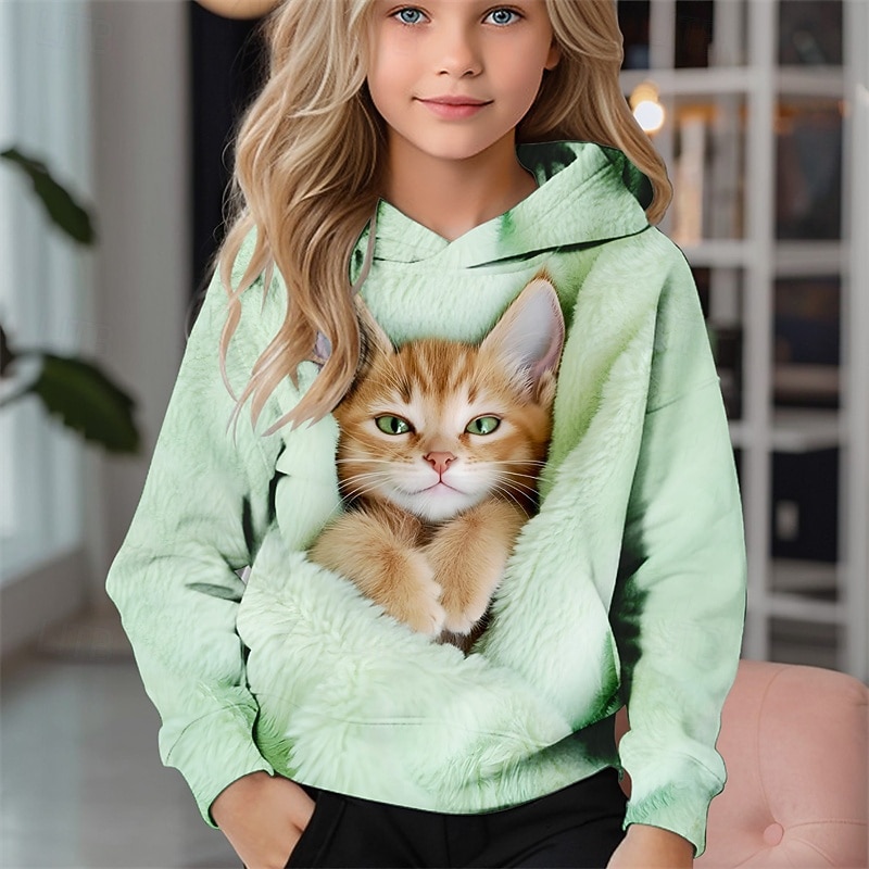 Girls' 3D Cat Hoodie Long Sleeve Fall Winter Fashion Adorable Basic Kids 4-12 Years Hooded Outdoor Casual Daily Regular Fit2