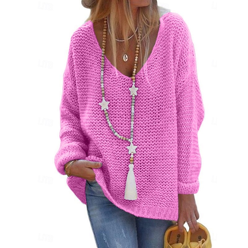 Women's Sweater Casual Soft Pure Color Ribbed V Neck Knitted Long Sleeve Regular Tops Knit Outdoor Daily Weekend Black Pink Spring Fall
