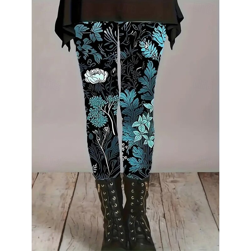 Women's Leggings Vacation Vintage Fashion Full Length High Waist Floral Graphic Leaf Printing Thermal Warm Soft Breathable Stretchy Vacation Street Deep Green Lake blue Amethyst Spring Fall Winter2