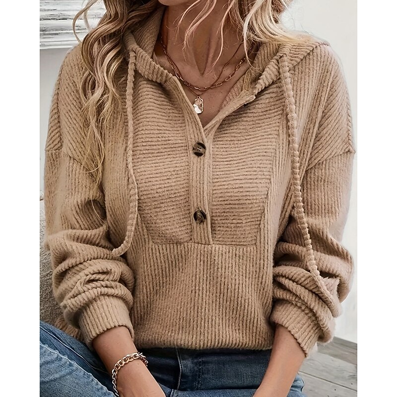 Women's Pullover Hoodie Sweatshirt Plain Casual Long Sleeve Hooded Regular Tops Street Holiday Buttons Black Dark Pink Brown Gray Light Blue Fall Winter