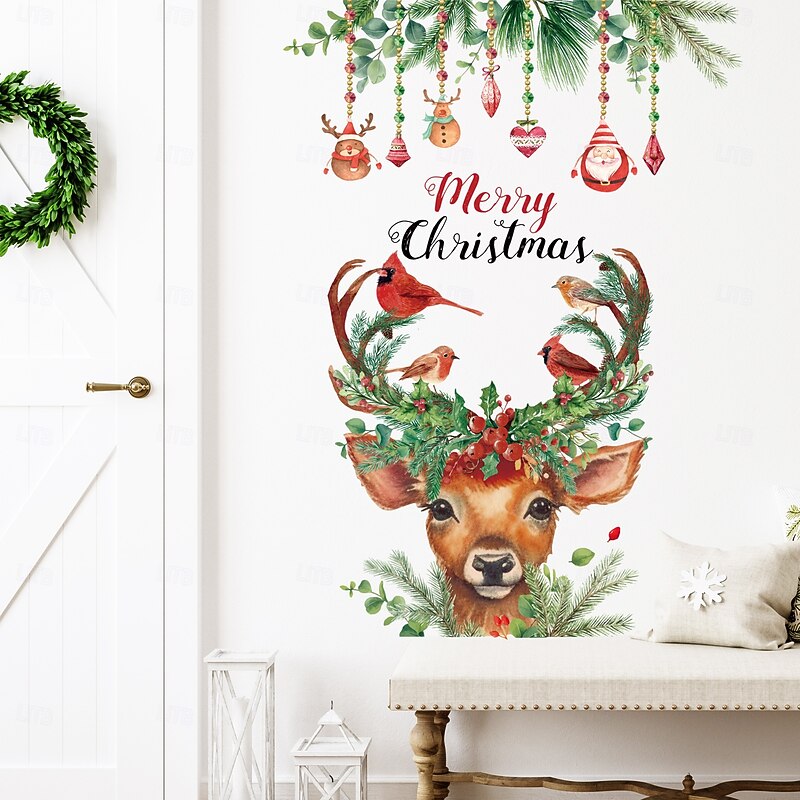 Christmas Sticker Wall Decals Creative Painted Reindeer Colorful Ball Removable Vinyl Mural Holiday Party Shop Glass Window Display Background Decoration For Christmas Festival Home Atmosphere2