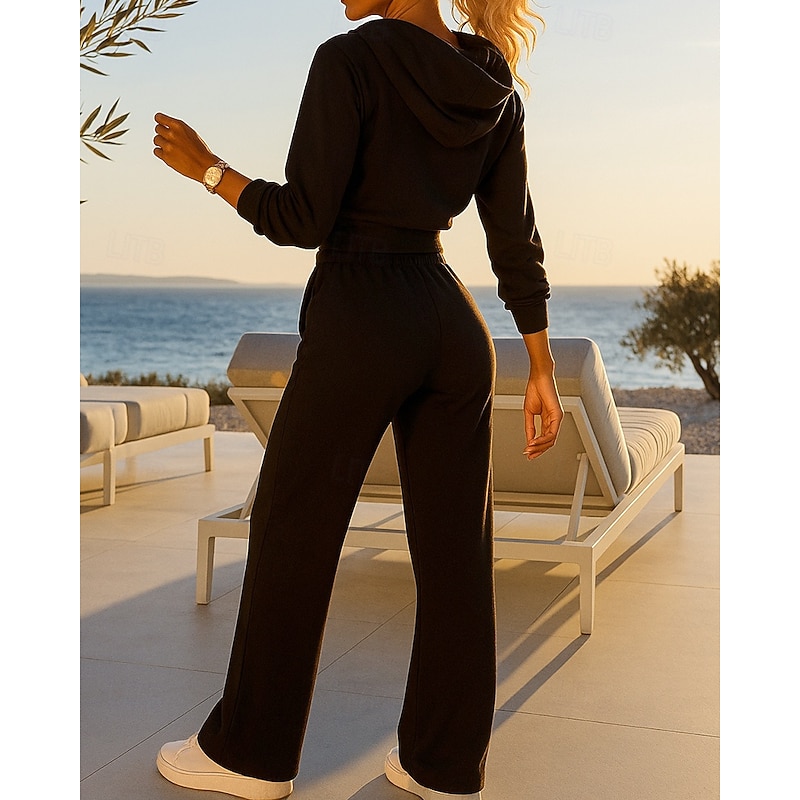 Women's 2 Piece Outfits Lounge Sweatsuit Zip Up Solid Colored Clothing Suit Fall Black Wine Vocation Outdoor Travel Lightweight Fashion Long Sleeve Sport Activewear Micro-elastic Regular Fit2