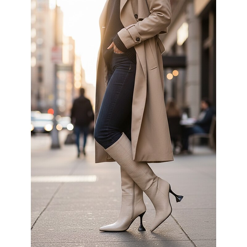 Women's Black Crocodile Pattern Knee High Boots, Genuine Leather Pointed Toe Stiletto Heel Boots, Urban Fashion Style for Women, Perfect for City Chic and Stylish Outfits4