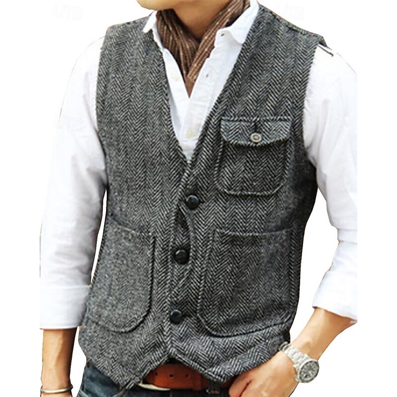 Men's Vest Waistcoat Gilet Vacation Party Business Fashion Casual Spring Fall Pocket Buttons Polyester Comfortable Plain Single Breasted One-button V Neck Regular Fit Silver Black Champagne Wine Vest2