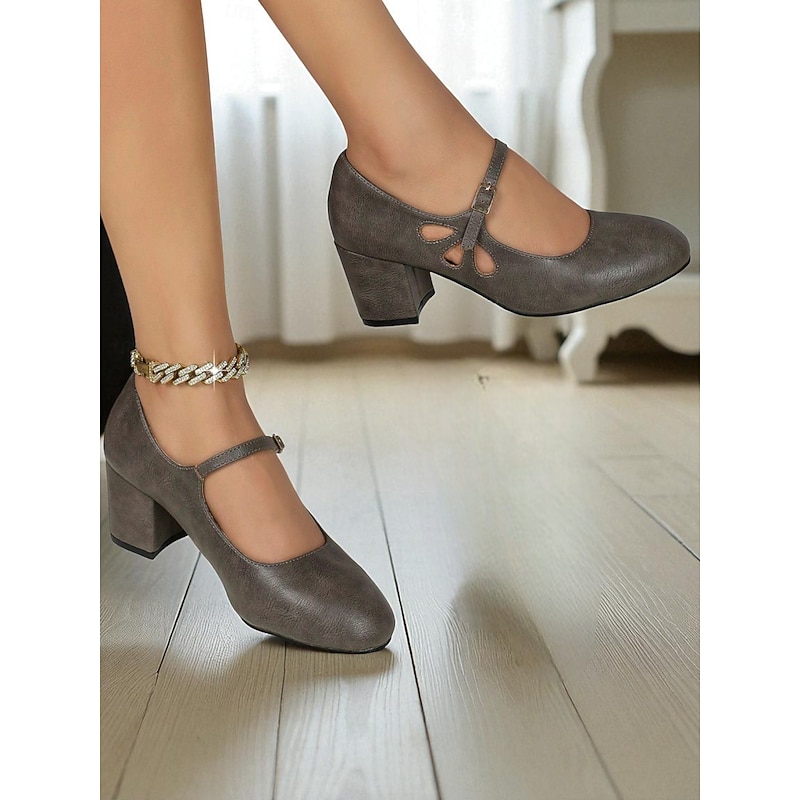 Women's Gray Faux Leather Mary Jane Pumps – 1950s Retro Block Heel Dress Shoes with Cutout Strap Design for Office, Daily Wear and Vintage-Inspired Outfits4