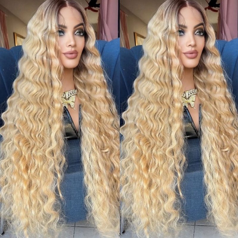 Remy Human Hair 5x5 Closure 13x4 Lace Front Wig Middle Part Brazilian Hair Water Wave Blonde Wig 150% 180% Density with Baby Hair Ombre Hair Highlighted / Balayage Hair 100% Virgin Pre-Plucked For4
