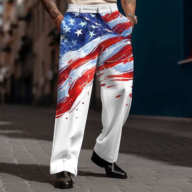 Men's American US Flag Patriotic Dress Pants Trousers Suit Pants Mid Waist Casual Outdoor Holiday Relaxed Fit Flat Front Dress Pants with Side Pockets Spring Fall 3D Print White 1 White White 24