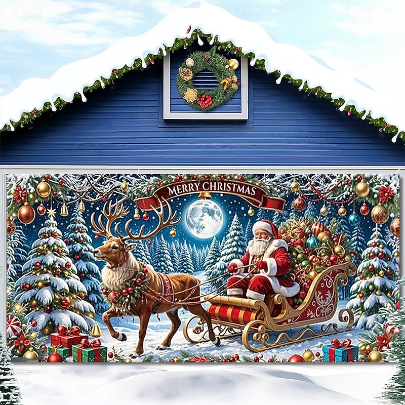 Christmas Garage Door Cover 2025 Xmas Santa Sleigh with Reindeer in Snowy Forest Backdrop Banner, Holiday Outdoor Garage Decoration for Home, Yard, Party