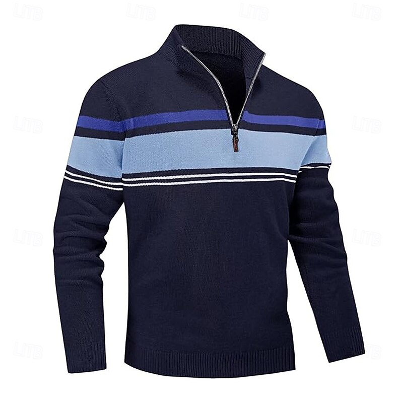 Men's Striped Zip Sweater Sweater Polo Zip Collar Casual Vacation Home Daily Zipper Color Block Knitting Long Sleeve Fall Winter Dark Gray and Black Red + Black Black3